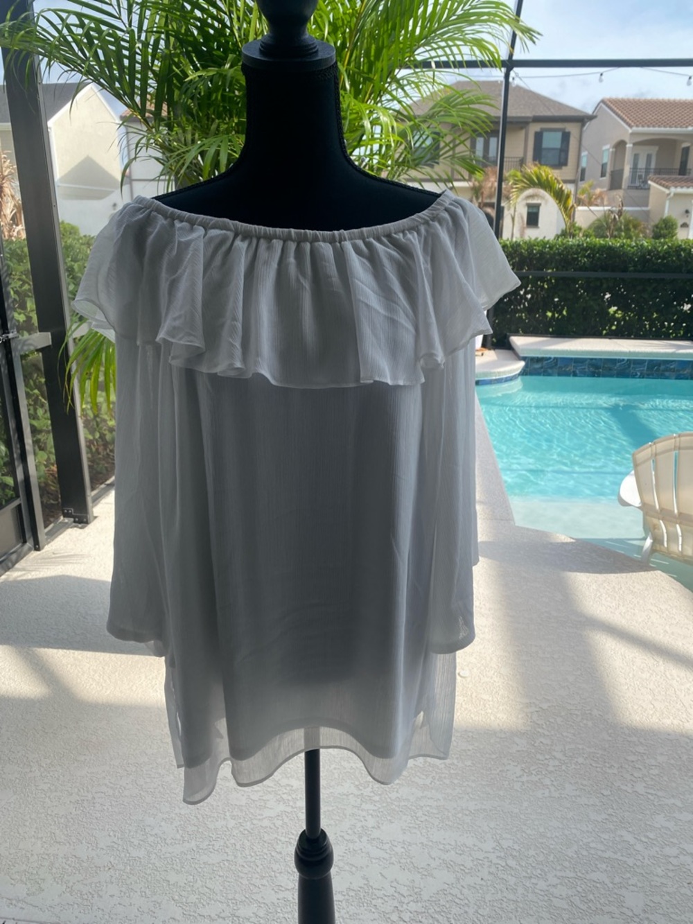 Linea by Louis Dell'Olio White Off-Shoulder Ruffled Blouse